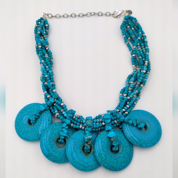 Chicos large turquoise blue silver beads chunky multi strand bib Necklace - Picture 2 of 9